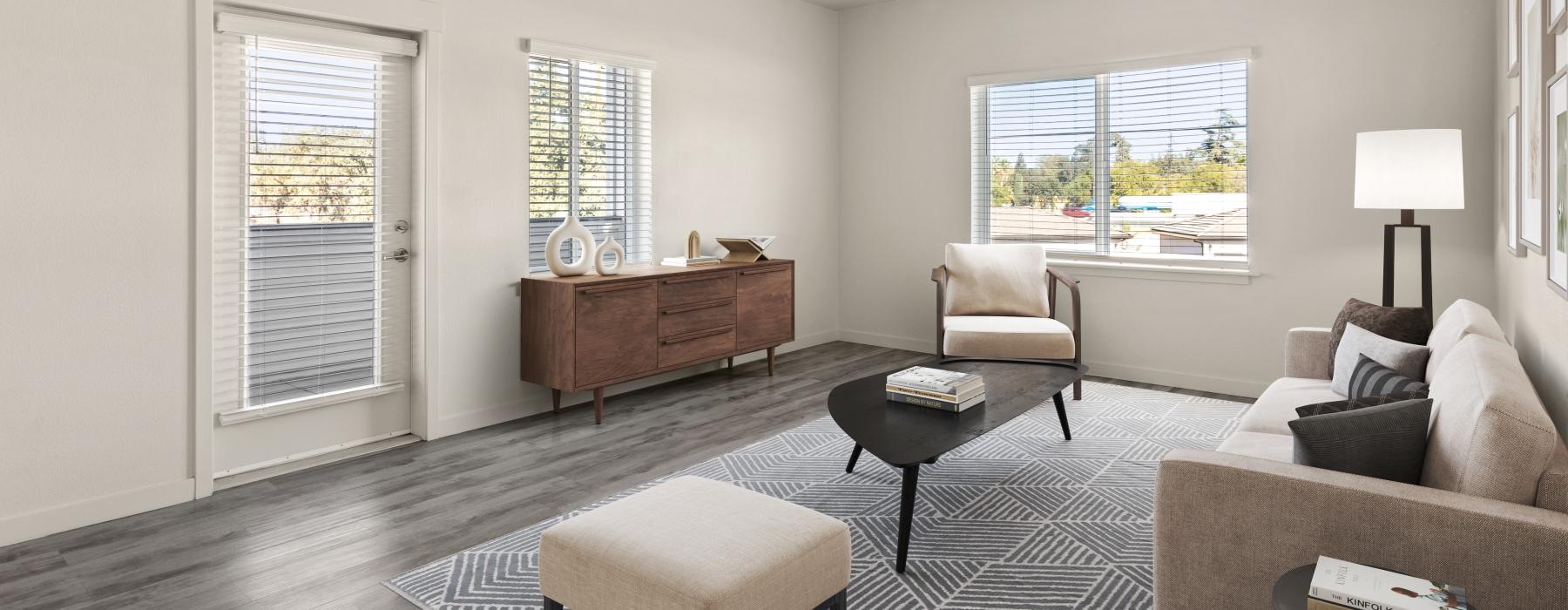a living room with a couch and a table